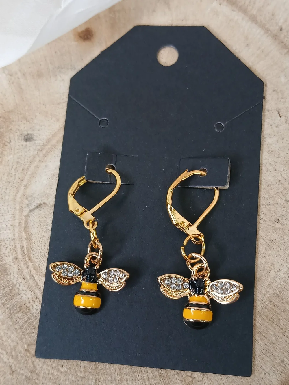 Gold Bee Drop Earrings with Yellow & Black Enamel